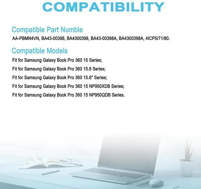 Alt view image 5 of 5 - TAICROWNE 68Wh AA-PBMN4VN Replacement Laptop Battery for Samsung Galaxy Book Pro 360 15 15.6 15.6" Galaxy Book Pro 15 NP950XDB 15 NP950QDB Series BA4300398 BA4300398A 4ICP5/71/80 4405mAh 15.44V
