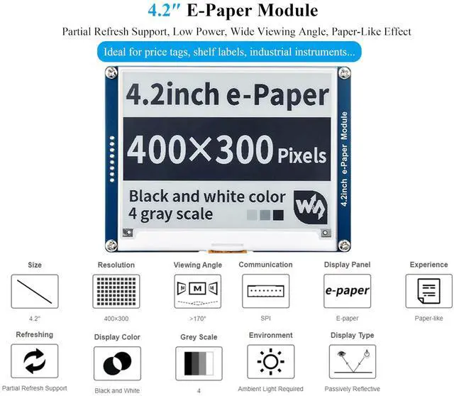 Alt view image 2 of 5 - 4.2inch e-Paper Module E-Ink Display Compatible with Raspberry Pi 5/4B/3B+/Zero/Zero W/Zero 2W/Pico/Pico W/Pico 2/Pico 2W, 400x300 Pixels, Black/White Color SPI Interface, Support Partial Refresh