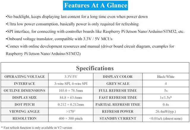 Alt view image 3 of 5 - 4.2inch e-Paper Module E-Ink Display Compatible with Raspberry Pi 5/4B/3B+/Zero/Zero W/Zero 2W/Pico/Pico W/Pico 2/Pico 2W, 400x300 Pixels, Black/White Color SPI Interface, Support Partial Refresh
