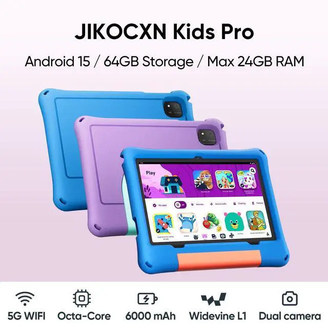 Alt view image 2 of 5 - JIKOCXN Kids Tablet, Android 15 Tablet for Kids 10 inch Octa-Core with Case, 24GB RAM 64GB ROM 1TB TF Card Expandable for Toddler Children, Parental Control, Dual Camera, BT5.0, WiFi, Gift