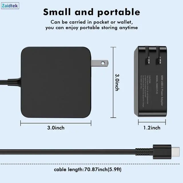 Alt view image 3 of 5 - Zaidtek 65W USB C Laptop Charger Compatible with ACEMAGIC AX15 AX16PRO KAIGERR AX15 RX16 AX16PRO TX16PRO AOC AX15 AX16PRO Type C AC Adapter Power Supply Cord