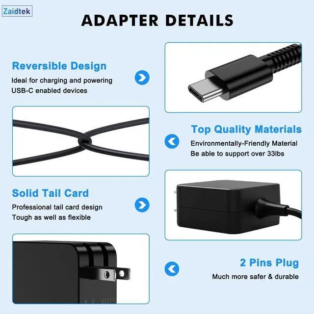 Alt view image 5 of 5 - Zaidtek 65W USB C Laptop Charger Compatible with ACEMAGIC AX15 AX16PRO KAIGERR AX15 RX16 AX16PRO TX16PRO AOC AX15 AX16PRO Type C AC Adapter Power Supply Cord