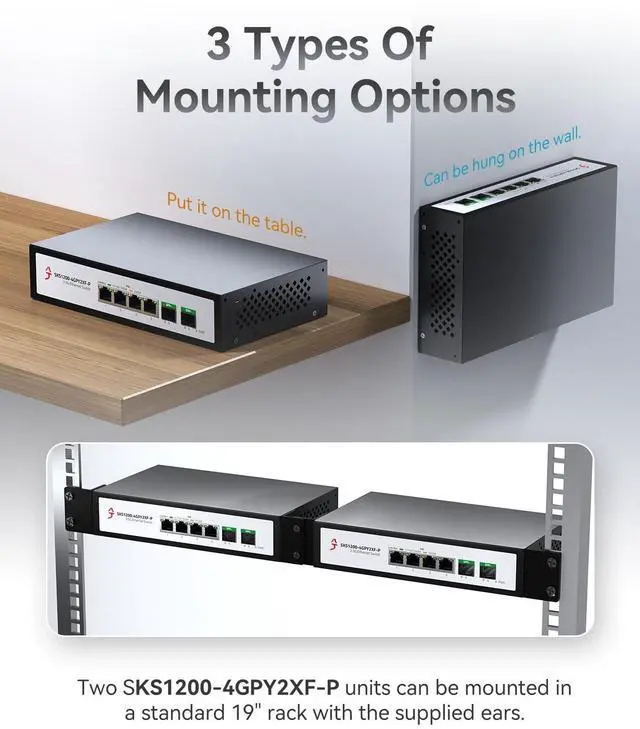 Alt view image 4 of 5 - XikeStor 6-Port 2.5G Ethernet PoE+ Switch, 4X 2.5GBase-T PoE+ Ports, 2X 10Gbps SFP+, 75W IEEE802.3af/at Unmanaged 2.5Gb PoE Network Switch, Ethernet Hub, Metal Casing, Desktop/Wall-Mount