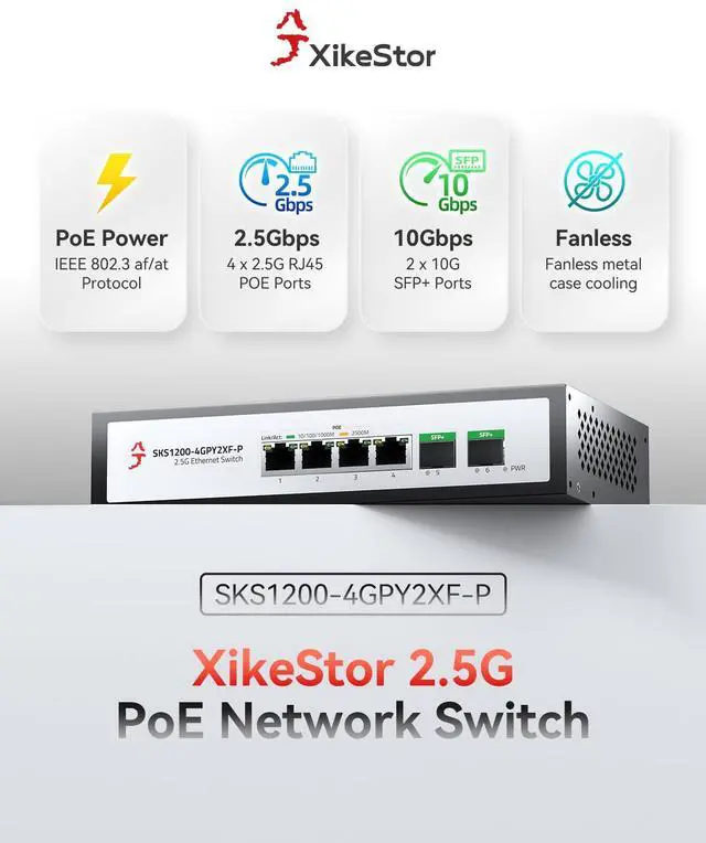 Alt view image 2 of 5 - XikeStor 6-Port 2.5G Ethernet PoE+ Switch, 4X 2.5GBase-T PoE+ Ports, 2X 10Gbps SFP+, 75W IEEE802.3af/at Unmanaged 2.5Gb PoE Network Switch, Ethernet Hub, Metal Casing, Desktop/Wall-Mount