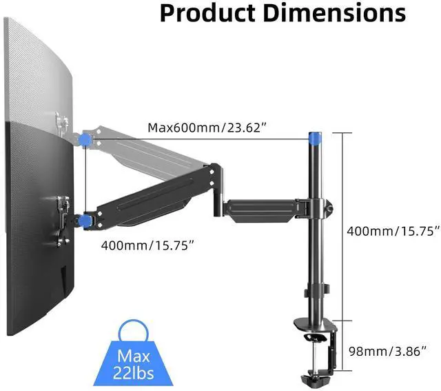 Alt view image 2 of 5 - Pholiten Premium Single Monitor Arm for 13-32 Inch Computer Holds 22 lbs,Gas Spring Monitor Stand for Desk with Swivel/Tilt/Rotation, VESA 75x75 or 100x100mm