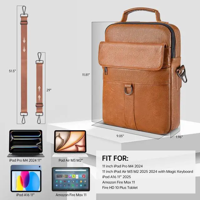 Alt view image 2 of 5 - 11 Inch Tablet Shoulder Bag Leather Carrying Case for 11 inch iPad A16, iPad Pro 11 inch M5 M4/ iPad Air 11" M3 M2 2025 with Magic Keyboard, Vertical Laptop Sleeve Messenger Computer Bag, Brown
