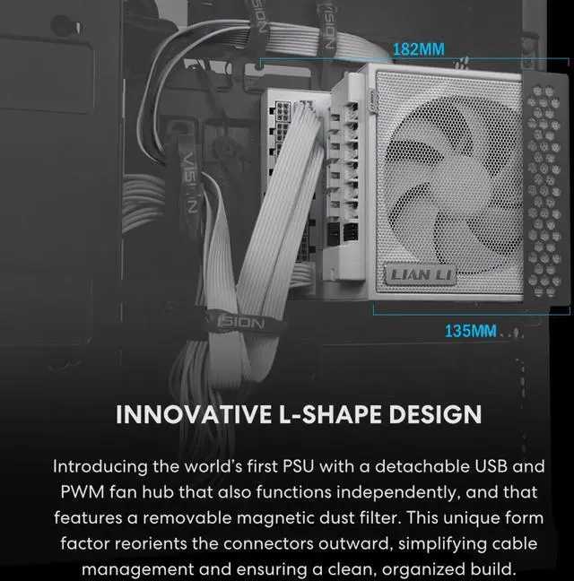 Alt view image 3 of 5 - Lian Li EDGE850W Fully Modular Low-Noise ATX Power Supply - ATX 3.1 & PCIE 5.1 Compliant - Cybenetics Gold Efficiency - 12V-2x6 Cable - L-Shape Design - Without USB/Fan Hub - White (EG0850G.W)
