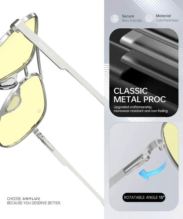 Alt view image 3 of 5 - ANYLUV Blue Light Blocking Glasses Men, Pilot Style Computer Gaming Glasses Lightweight Metal Frame & Comfortable Nose Pad