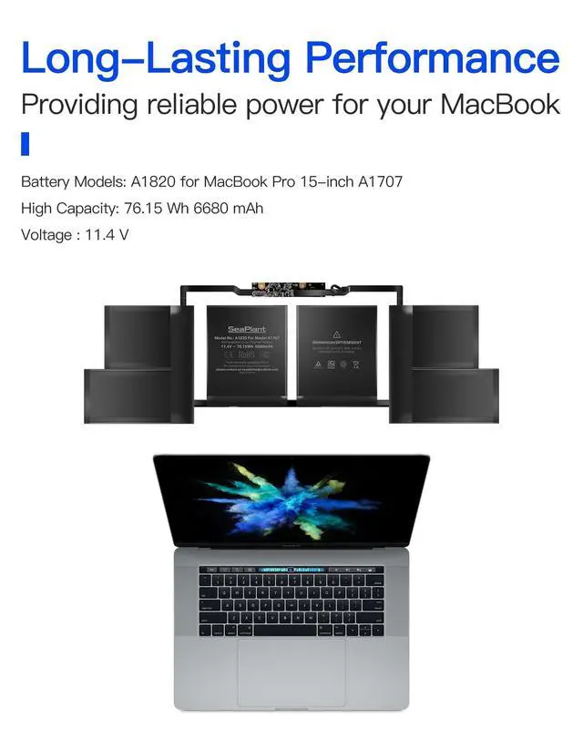 Alt view image 4 of 5 - SeaPlant A1707 Battery Replacement for MacBook Pro 15-inch A1707 (2016, 2017) A1820 Battery