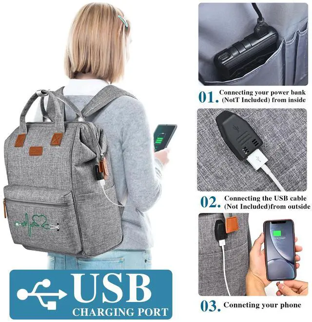 Alt view image 3 of 5 - Nurse Backpack/Bag for Women - 15.6 Inch Waterproof Laptop Travel Backpack with USB Charging Port, Large Wide-open Nursing Bags,Nurse Bags for Work,Home Health Clinical Bag for College Teacher, Grey