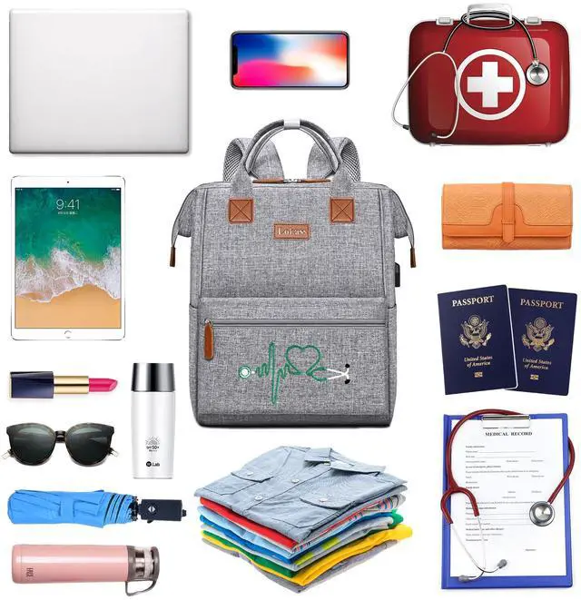 Alt view image 2 of 5 - Nurse Backpack/Bag for Women - 15.6 Inch Waterproof Laptop Travel Backpack with USB Charging Port, Large Wide-open Nursing Bags,Nurse Bags for Work,Home Health Clinical Bag for College Teacher, Grey