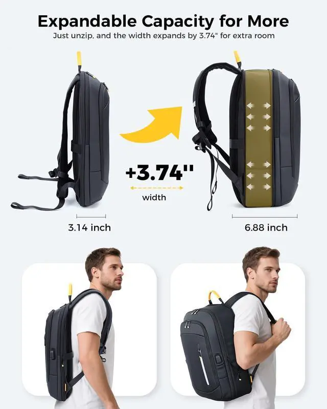 Alt view image 3 of 5 - Lekebobor Slim Laptop Backpack for Men, 15.6 Inch Expandable Business Travel Backpack with USB Charging Port, Lightweight Work Computer Bag, Black