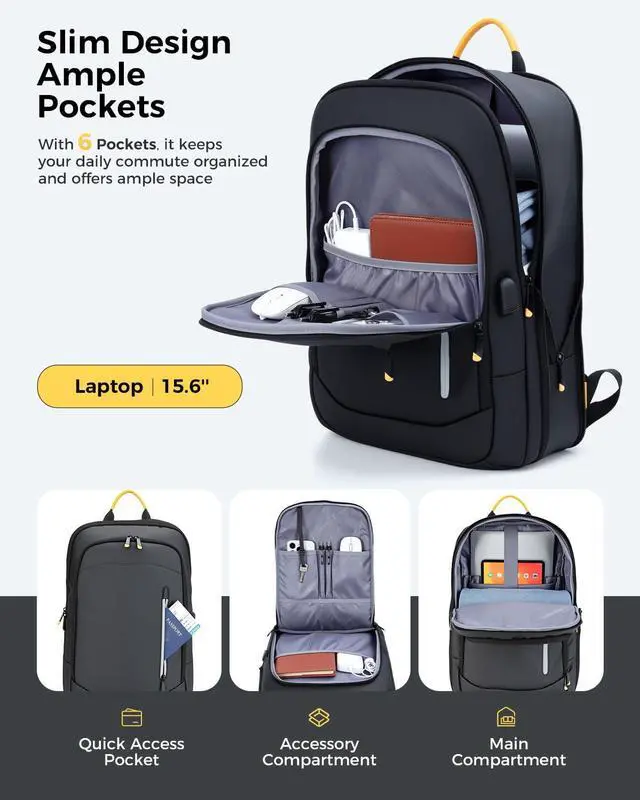 Alt view image 5 of 5 - Lekebobor Slim Laptop Backpack for Men, 15.6 Inch Expandable Business Travel Backpack with USB Charging Port, Lightweight Work Computer Bag, Black