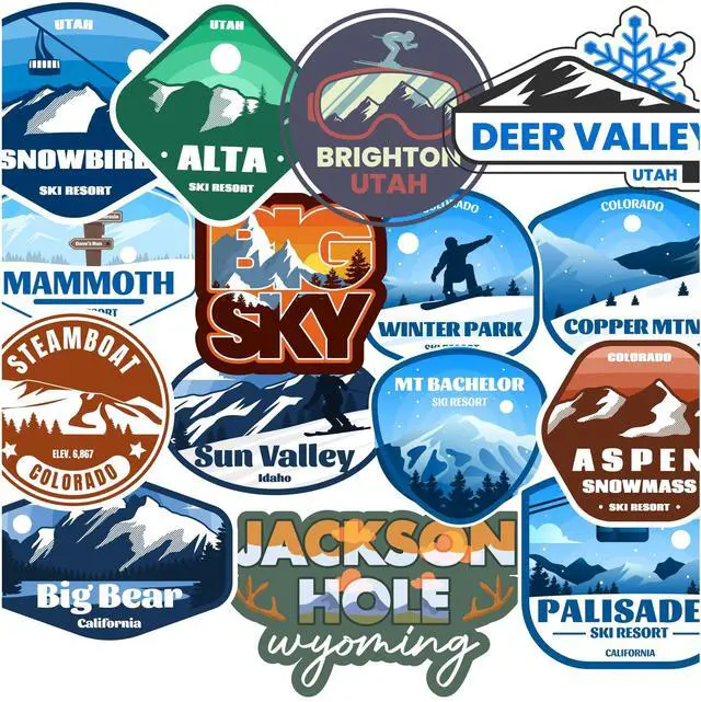 Main image of Ski Resort Sticker Pack 15 Pack, (Waterproof Vinyl Decal for Car, Water Bottle, Laptop, iPad, Window, Cooler, Luggage, Bumper, Toolbox, Locker), 3 inch