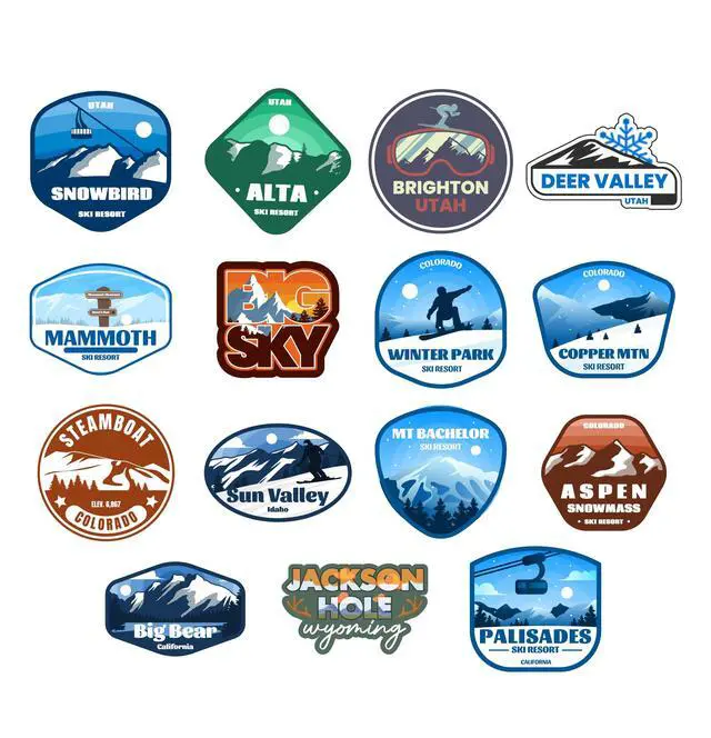 Alt view image 3 of 5 - Ski Resort Sticker Pack 15 Pack, (Waterproof Vinyl Decal for Car, Water Bottle, Laptop, iPad, Window, Cooler, Luggage, Bumper, Toolbox, Locker), 3 inch