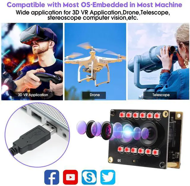 Alt view image 5 of 5 - 1080P USB Camera Module Dual Lens Day Night Vision Webcam Board with IR LED for Computer WDR PC Camera Mini UVC USB2.0 Web Camera Auto IR Infrared USB Security Camera HD AR0230 USB with Camera