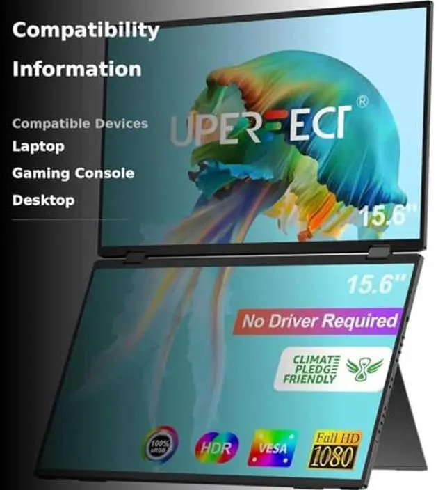 Alt view image 3 of 5 - UPERFECT Delta 15.6" Dual Portable Monitor for Laptop Screen Extender 1080P HDR 360° Folding Stacked Triple Monitor with Stand for Laptop PC Phone Game Console (No Driver Needed)