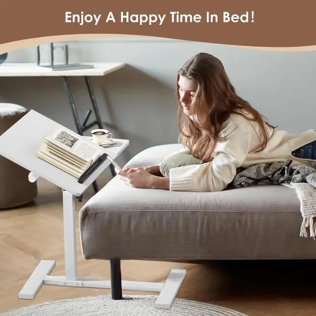 Alt view image 5 of 5 - iabifo Height Adjustable C-Shaped Table with Removable Wheels, Mobile Sofa Snack Table with Tiltable Top, Adjustable Laptop Stand for Couch, Bedside Desk with Pen Slot, White