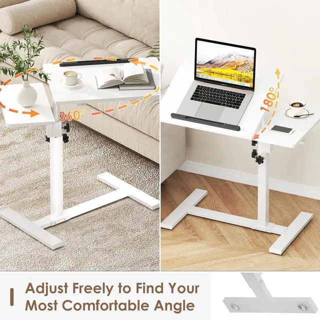 Alt view image 3 of 5 - iabifo Height Adjustable C-Shaped Table with Removable Wheels, Mobile Sofa Snack Table with Tiltable Top, Adjustable Laptop Stand for Couch, Bedside Desk with Pen Slot, White
