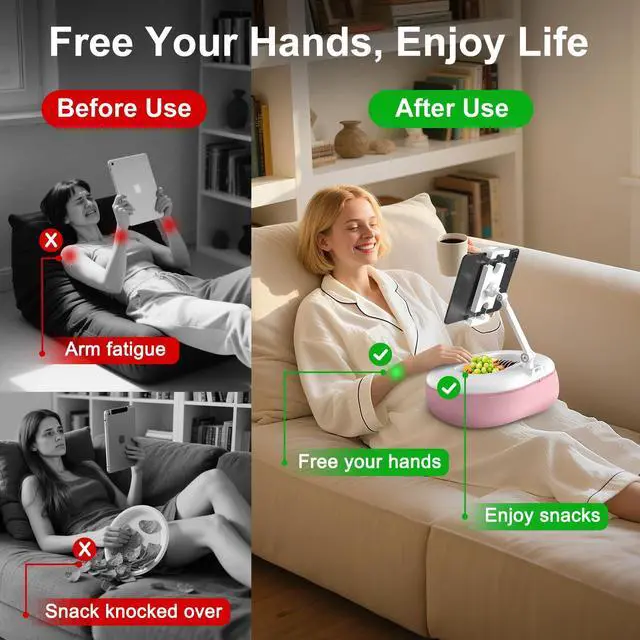 Alt view image 2 of 5 - HUMANCOZY Beanbag Tablet Stand Raises Screen Height, Hands Free Reading Holder, Featuring Snack Bowl and Detachable Base for Cozy Reading in Bed or Couch, Compatible for Kindle, iPad, eBook,Pink