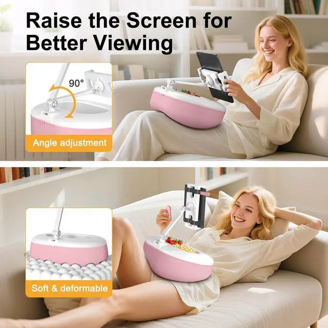Alt view image 3 of 5 - HUMANCOZY Beanbag Tablet Stand Raises Screen Height, Hands Free Reading Holder, Featuring Snack Bowl and Detachable Base for Cozy Reading in Bed or Couch, Compatible for Kindle, iPad, eBook,Pink