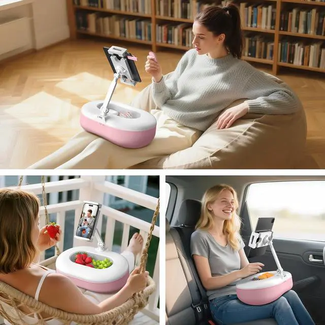 Alt view image 4 of 5 - HUMANCOZY Beanbag Tablet Stand Raises Screen Height, Hands Free Reading Holder, Featuring Snack Bowl and Detachable Base for Cozy Reading in Bed or Couch, Compatible for Kindle, iPad, eBook,Pink