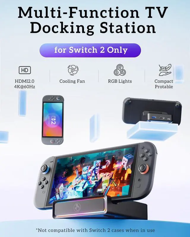 Alt view image 2 of 5 - Dock for Switch 2  Portable Docking Station with 4K@60Hz HDMI Adapter, USB 3.0 Ports, RGB Light & Cooling Fan, Travel TV Dock Replacement for Nintend0 Switch 2 Accessories