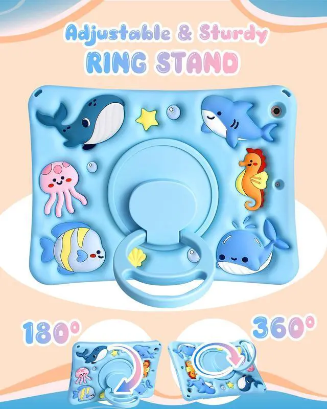 Alt view image 4 of 5 - LISEVO for iPad 9th/8th/7th Generation Case 10.2 Inch - Girls Boys Cute Kawaii Girly Cover 3D Cartoon Ocean Design with Rotating Stand & Strap Silicone Blue Cases for iPad 7/8/9th Gen 2019 2020 2021