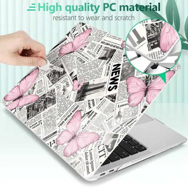 Alt view image 5 of 5 - Yebiseven for M1 MacBook Air 13 inch Case 2021 2020 2019 2018 Model A2337/A2179/A1932, Laptop Hard Shell Case with Keyboard Cover & Trackpad Protector & 2 OTG Adapters, Newspaper Butterfly