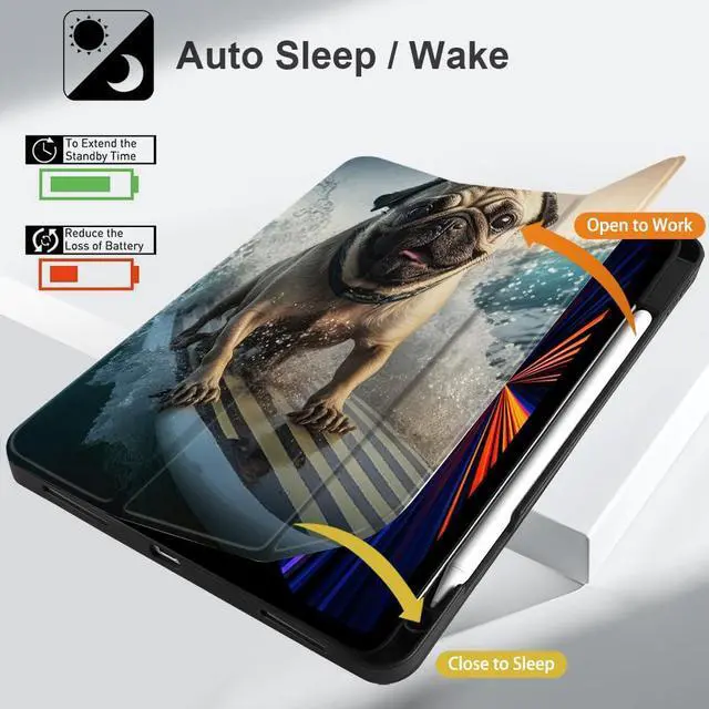 Alt view image 4 of 5 - Yebiseven for M3/M2 iPad Air 11 inch 2025 2024 Case/iPad Air 5th & 4th Gen 2022 2020 Cover, Shockproof Tablet Case with Trifold Stand & Pencil Holder & Auto Sleep/Wake, Dog Surfing