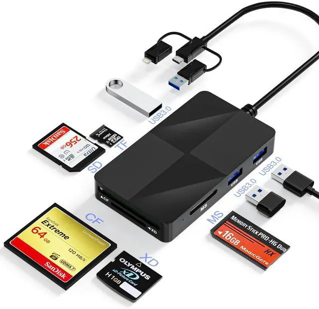 Main image of Compact Flash Card Reader for iPhone 16 with Extra 3 USB 3.0 Ports, 8 in 1 XD MS SD Card Reader for iPhone16 15 14 iPad Android, USB C OTG Adapter Read 5 Cards Simultaneous