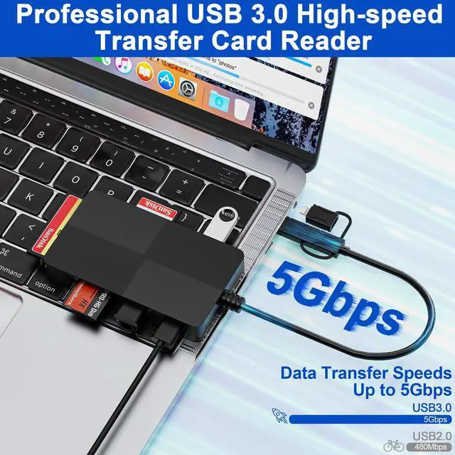 Alt view image 4 of 5 - Compact Flash Card Reader for iPhone 16 with Extra 3 USB 3.0 Ports, 8 in 1 XD MS SD Card Reader for iPhone16 15 14 iPad Android, USB C OTG Adapter Read 5 Cards Simultaneous