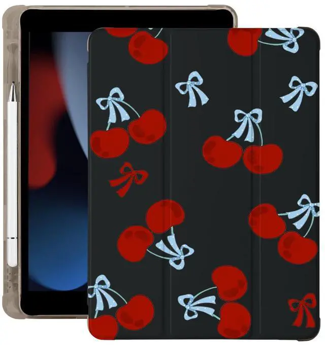 Main image of BlHMCASE Cute Bow Cherry Kawaii for iPad (A16) 11th Generation Case 11 Inch 2025, for iPad 10th Generation Case 10.9 Inch 2022 with Pencil Holder, Auto Sleep/Wake, Black Leather Soft TPU Back Cover