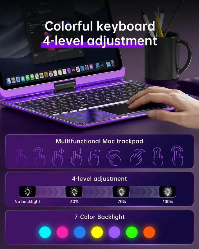 Alt view image 3 of 5 - Wireless Keyboard Case for iPad 9th (7th, 8th, and 9th Gen) 10.2 Inch, Transparent Protective Cover with 7-Color Backlit Keyboard, 360° Rotating Stand, Multi-Touch Trackpad and Pencil Holder, Purple