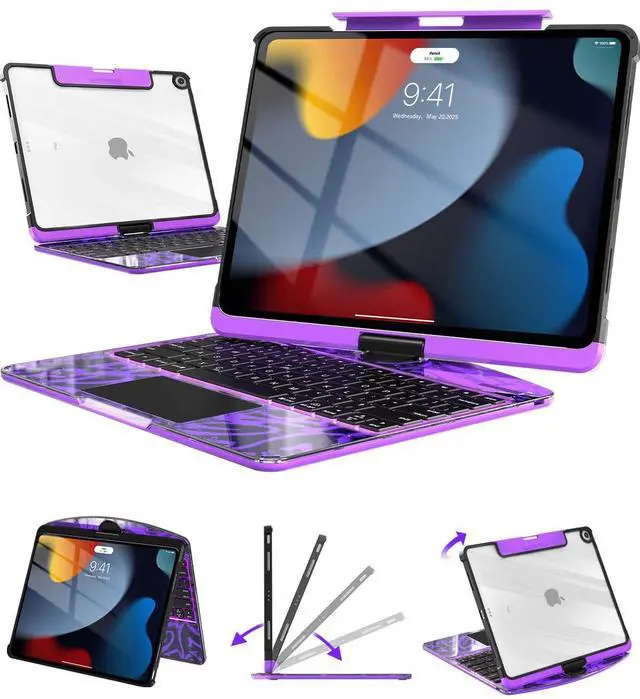Main image of Wireless Keyboard Case for iPad 9th (7th, 8th, and 9th Gen) 10.2 Inch, Transparent Protective Cover with 7-Color Backlit Keyboard, 360° Rotating Stand, Multi-Touch Trackpad and Pencil Holder, Purple