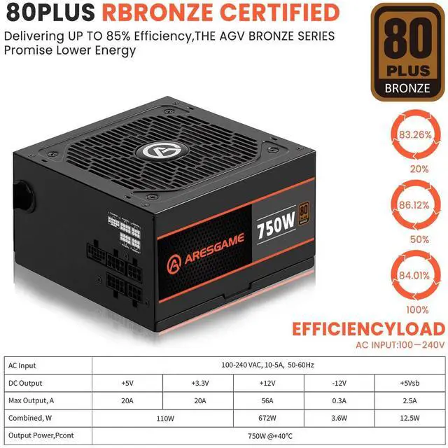 Alt view image 2 of 5 - ARESGAME 750W Power Supply, 80 Plus Bronze Certified, Semi Modular ATX PSU