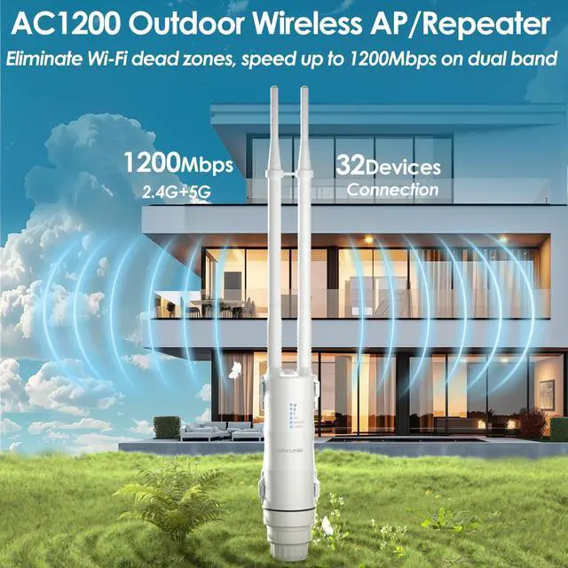 Alt view image 2 of 5 - AC1200 WAVLINK Outdoor WiFi Extender, Weatherproof Outdoor WiFi Repeater Extender Signal Booster with POE, Dual Band 2.4/5GHz, Support AP/Repeater/Router Mode, for Yard/Patio/Rural Areas