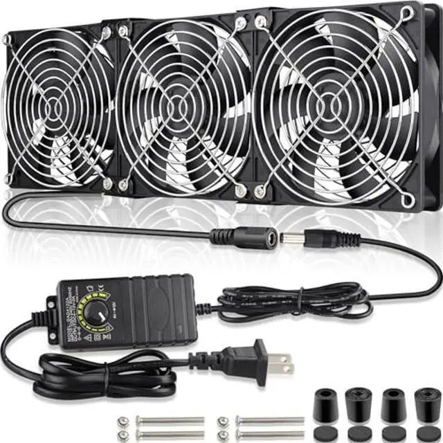 Main image of GDSTIME Big Airflow 3 x 120mm Fans DC 12V Powered Fan with AC 110V - 240V Speed Control, Cabinet Chassis Cooling Fan, Server Workstation Cooling