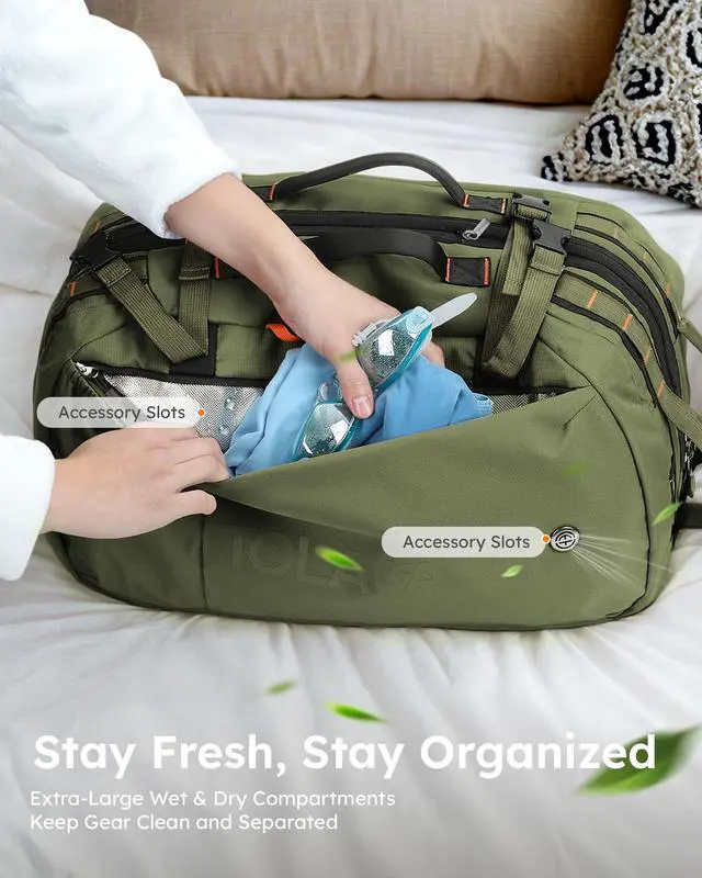 Alt view image 4 of 5 - Tolaccea Travel Laptop Backpack for Men Women, 40L-50L Expandable Carry On Backpack with Wet Dry Compartment, TSA Approved Daypack Fits 16 Inch Laptop, Convertible Rucksack Duffel Bag for Work Travel