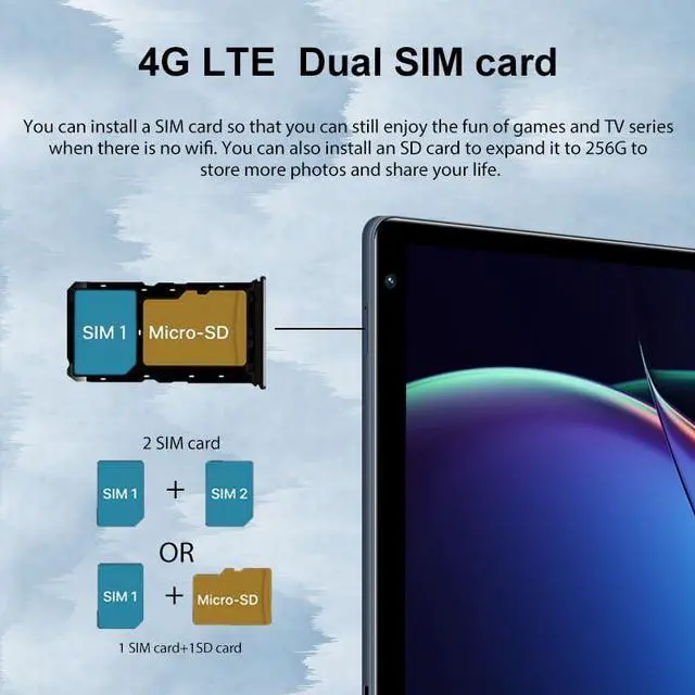 Alt view image 5 of 5 - 10.1 Inch Android Tablet PC with Keyboard & Stylus, 8-Core Processor T860 GPU, 3GB RAM 128GB Storage, 4G LTE SIM Slot, 5000mAh Battery,5MP+16MP Cameras for Work and Entertainment (Blue, G1)