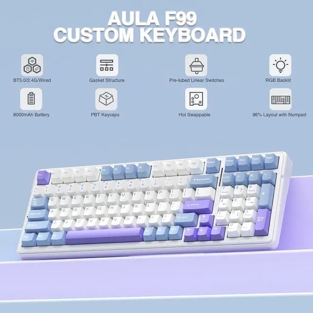 Alt view image 3 of 5 - AULA F99 Wireless Mechanical Keyboard,Tri-Mode BT5.0/2.4GHz/USB-C Hot Swappable Custom Keyboards+LEOBOG Graywood V3 Switches Set
