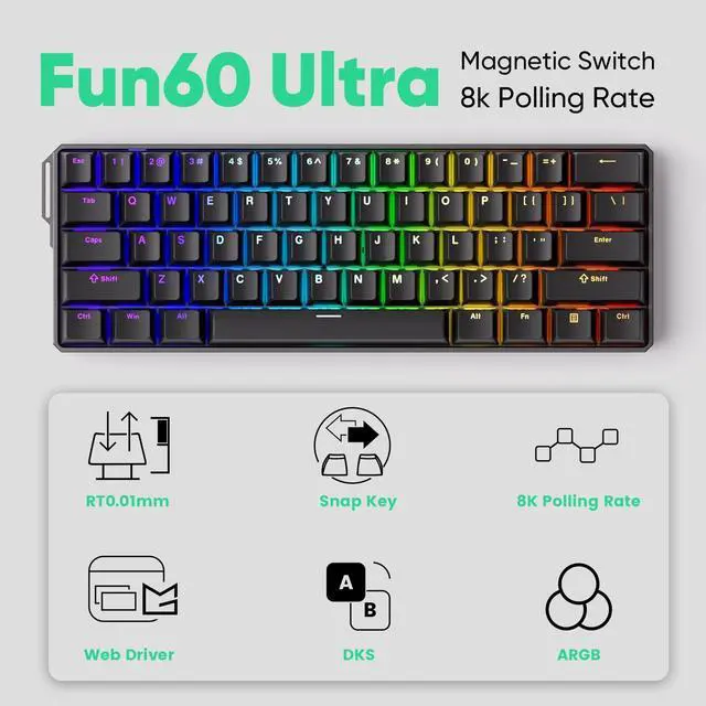 Alt view image 5 of 5 - MONSGEEK FUN60 Ultra Rapid Trigger Gaming Keyboard 8k Magnetic Switch TMR Aluminum Wired Keyboard 60% Black Shine-Through MagMech, Glare Magnetic Switch