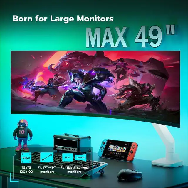 Alt view image 3 of 5 - ARES WING Ultrawide Monitor Arm White for 17 to 49 Inch Heavy Duty Curved Screen, Holds 44 Lbs, Adjustable Gas Spring Monitor Arm Desk Mount with C Clamp, Grommet Base, 75/100 Vesa Mount