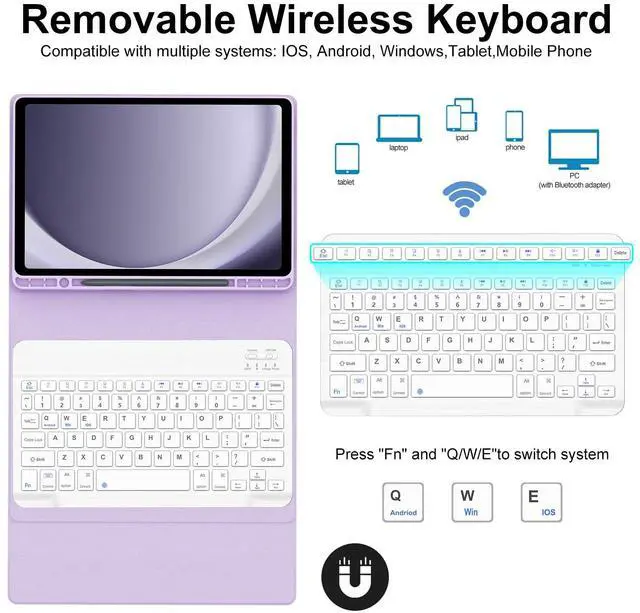 Alt view image 2 of 5 - WINCHKING Keyboard Case for Samsung Galaxy Tab A9 Plus 11"(SM-X210/X216/X218),Detachable Wireless Bluetooth Keyboard Multi-Angle Viewing Tablet Cover with Pen Slot for A9+ 5G (Purple)