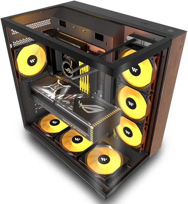Main image of KEDIERS PC CASE ATX 6 PWM ARGB Fans Pre-Installed, Mid Tower Computer Case with Full-View Tempered Glass, Type-C,Printed Walnut Wood Panels,Support 360mm Radiator,Black Gaming Case (P7)