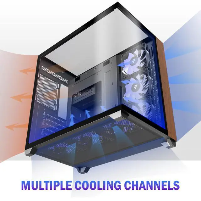 Alt view image 2 of 5 - KEDIERS PC CASE ATX 6 PWM ARGB Fans Pre-Installed, Mid Tower Computer Case with Full-View Tempered Glass, Type-C,Printed Walnut Wood Panels,Support 360mm Radiator,Black Gaming Case (P7)