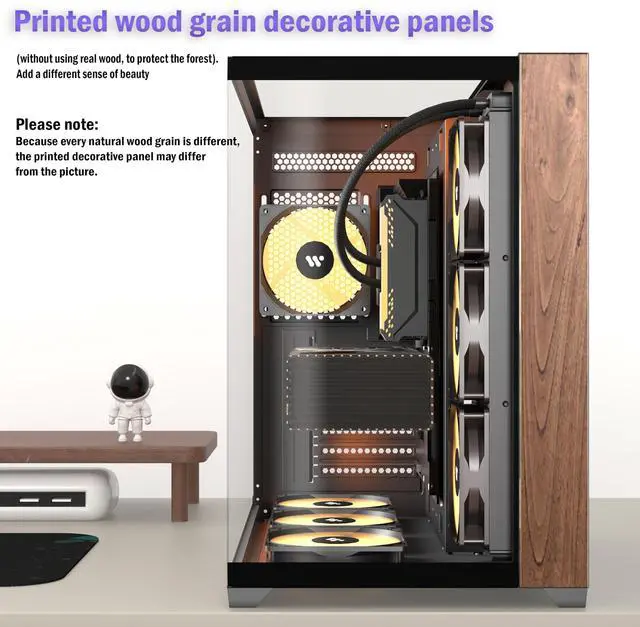 Alt view image 3 of 5 - KEDIERS PC CASE ATX 6 PWM ARGB Fans Pre-Installed, Mid Tower Computer Case with Full-View Tempered Glass, Type-C,Printed Walnut Wood Panels,Support 360mm Radiator,Black Gaming Case (P7)