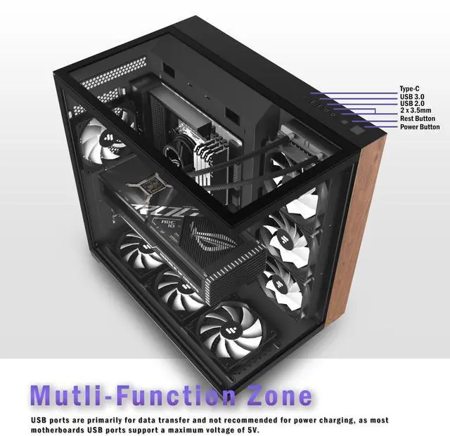 Alt view image 4 of 5 - KEDIERS PC CASE ATX 6 PWM ARGB Fans Pre-Installed, Mid Tower Computer Case with Full-View Tempered Glass, Type-C,Printed Walnut Wood Panels,Support 360mm Radiator,Black Gaming Case (P7)