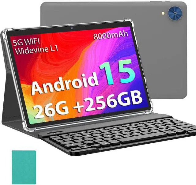 Main image of Android 15 Tablet with Keyboard - 26GB+256GB+2TB Expand, Octa-Core, 2.4G/5G Wifi, 8000mAh Battery, Widevine L1, Dual Camera, Face Unlock, 10 Inch 2 in 1 Tablets with Mouse, Stylus (Green Case)