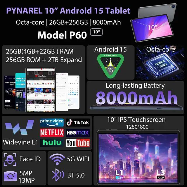 Alt view image 2 of 5 - Android 15 Tablet with Keyboard - 26GB+256GB+2TB Expand, Octa-Core, 2.4G/5G Wifi, 8000mAh Battery, Widevine L1, Dual Camera, Face Unlock, 10 Inch 2 in 1 Tablets with Mouse, Stylus (Green Case)